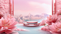 A product e-commerce background exhibition booth with a dreamy style featuring a pink flower sea in C4D. The booth showcases intricate details and is in HD with a resolution