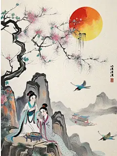 国风 绘画 鸟 水墨 古韵 新印象派 喜鹊 仕女 女官 水墨山水 山水 伶人 古装女子 远山  泛舟 红日 太阳