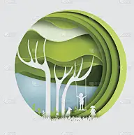 树与摇摆的孩子，纸艺术风格。矢量图