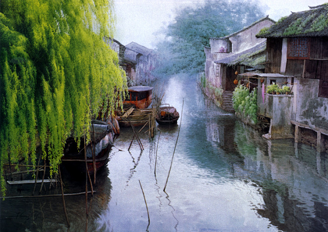 中国风江南水乡 高清唯美风景油画水彩 无...