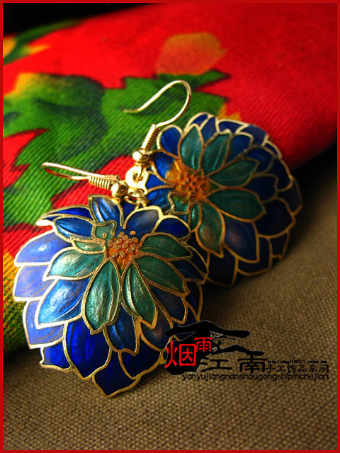 宝深蓝色菊花朵景泰蓝耳环钉针古典雅致