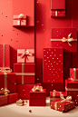 Gifts with red boxes and gold foil on a shelf, in the style of scattered composition, luminous hues, monochromatic abstractions, polka dot madness, light red, tabletop photography, stripes and shapes