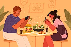 朋友同事公司团建庆祝吃饭聚会聚餐庆祝美食拍照插画ai设计素材-淘宝网