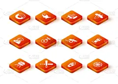 集烧烤架，交叉棒球棒，乔治华盛顿，奖章与星，冰淇淋华夫筒，大炮，烟花和舞台看台论坛图标。向量