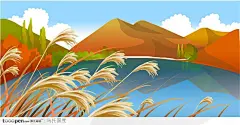 芦苇和大山风景插画