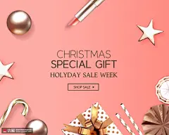 星星口红 圆球 丝带礼物 粉色背景 圣诞海报设计PSD ti155t000354