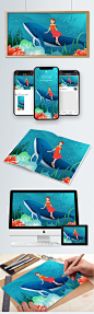世界海洋日女孩与鲸鱼原创手绘插画