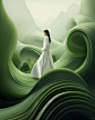 Photorealistic photography Surrealism, white and green style, ethereal Design's abstract landscape, in the style of mind - bending patterns, photo - realistic techniques, meticulous design, dark white and light green, 32k uhd, rural china, dino vallsin, t