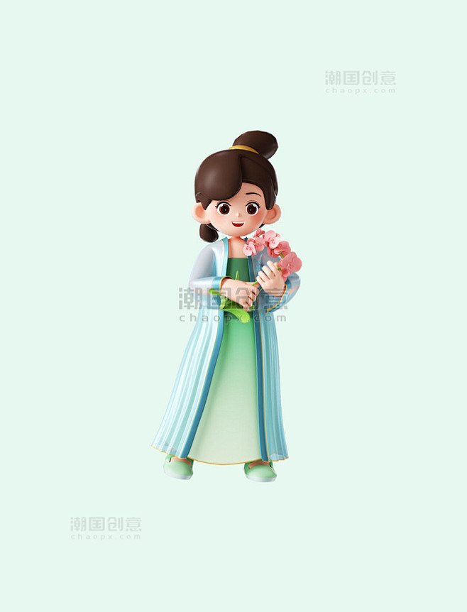 3D立体C4D可爱古风汉服少女人物手捧鲜...