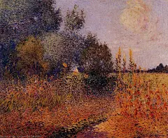 flower garden at kervaudu费迪南德·杜·普伊戈多 Ferdinand du Puigaudeau1864-1930，法国后印象派“我着迷于收集每个月光笼罩的夜晚。”他的作品通过强烈的色彩对比和别具匠心的创作手法带来强烈的视觉冲击。仿佛在昏暗的夜空下闪烁着几颗小而明亮的星星，引人无尽遐想。他画了许多布列顿的场景，着迷于赦免的传统、游行和仪式，并喜欢研究布列顿妇女的绘画。他对光的效果着迷，云雾缭绕，周围的景物朦胧不清。