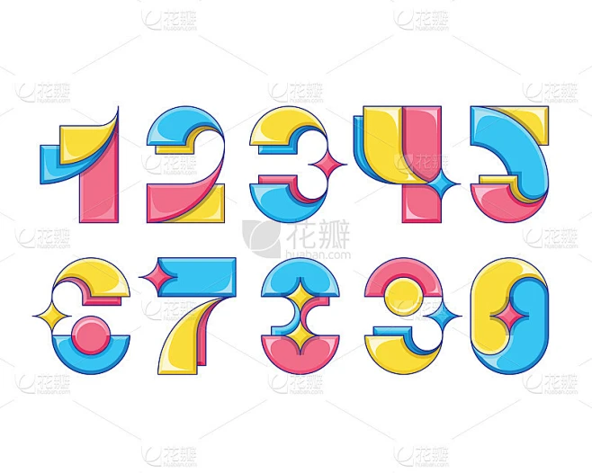 矢量数字。一组有创意的、有趣的、明亮的数字。素材-花瓣网
