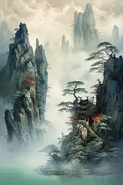 AI数字艺术高清山水中国风屋檐墙壁插画
