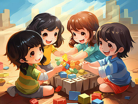 招生教育培训卡通人物幼儿园小朋友玩积木做...