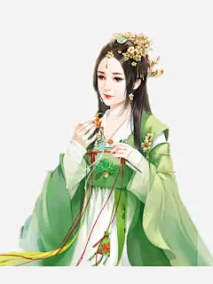 女子绿衣忧郁古风手绘免抠素材 平面电商 创意素材 png素材