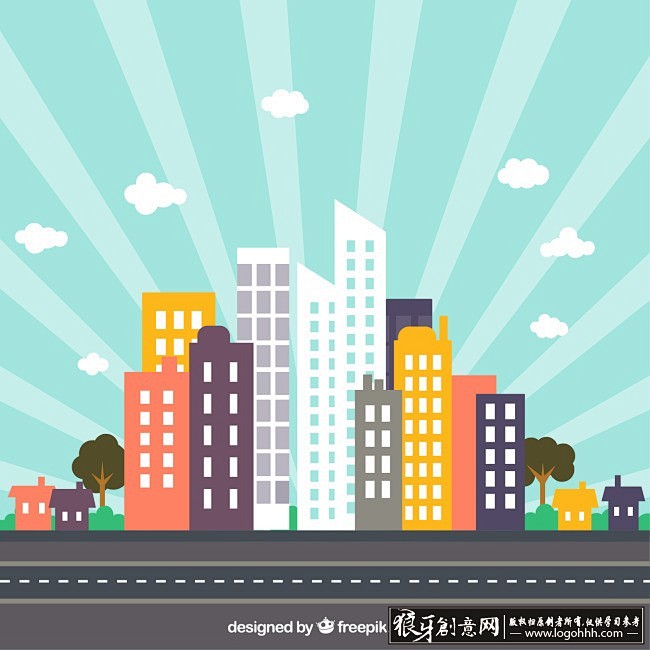 图标标签扁平城市卡通房子卡通建筑物卡通城市建筑背景射线背景卡通