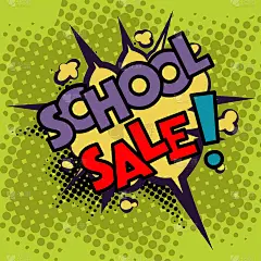 School sale in comic speech bubble