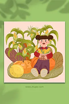 卡通手绘秋季秋分节气人物插画