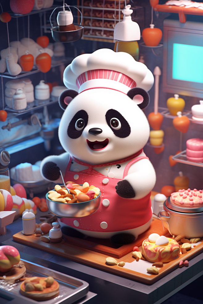 厨师帽炒菜3D熊猫厨师人物模型图片