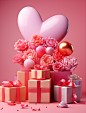 a gift box decorated with pink flowers and balloons, in the style of graphic design poster art, 3d, romantic illustration, bright color palettes, humor meets heart, golden palette, collecting and modes of display