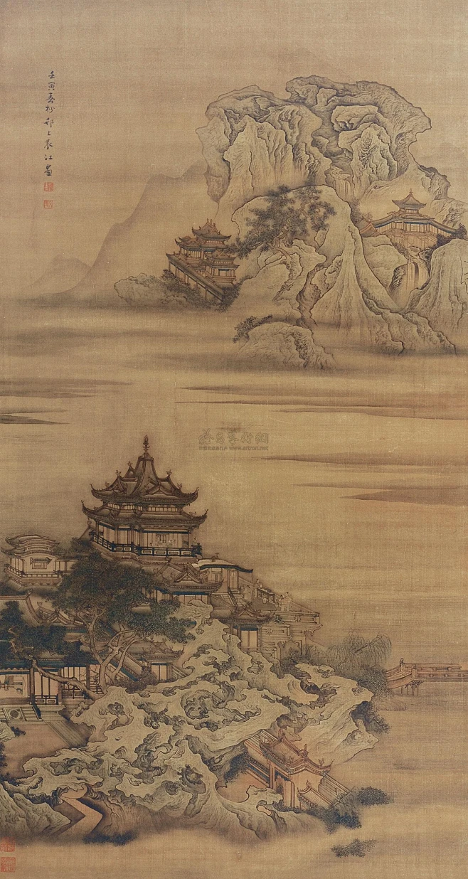 袁江——《蓬莱仙境图》【壬寅春杪】人物山水楼阁 立轴欣赏 | 清|袁江(1662-1735)字文涛，号岫泉。江都(今江苏扬州)人。是中国绘画史 ...