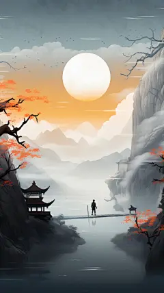 中国风山水海边日出日落壁纸