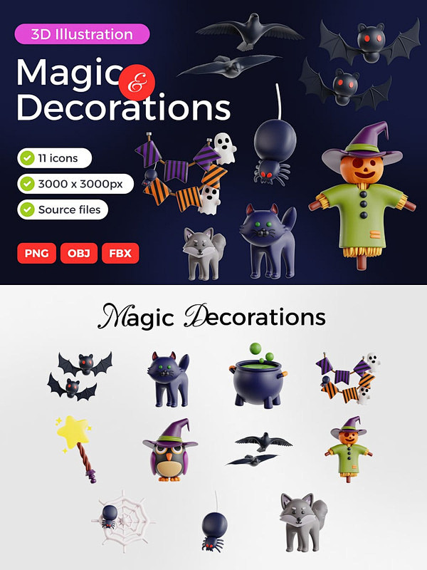 魔法与万圣节装饰品 3D 图标集  (P...