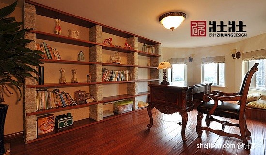 2013美式风格复式最新家庭书房壁柜装修...