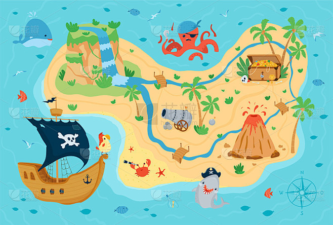 海盗藏宝图为儿童在卡通风格。可爱的概念为孩子的房间设计，壁纸，纺织品，游戏，服装。矢量图