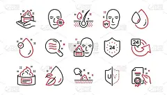 护肤系列图标。霜，滴精华液和面霜或乳液。线性的图标集。向量