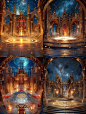 Game scene, a huge golden palace hall, a large square in the center of the castle, surrounded by elegant arches. The exquisite silver circular platform below creates a mysterious atmosphere and magical feeling with the starry night sky. The red atmosphere