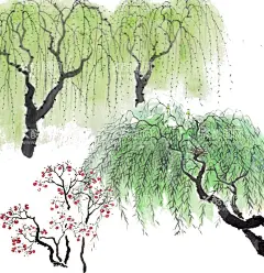 柳树  - 源文件下载【酷图网】柳树插画,水墨柳树,中国风,柿子树,中秋佳节,垂柳