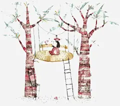 吊床免抠素材_新图网 https://ixintu.com 卡通 吊床 小女孩 手绘 插画 树屋 树林 水彩