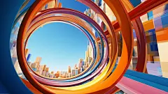 城市建筑地平线，橙色、蓝色、紫色鲜艳的圆形设计 线条流畅弯曲