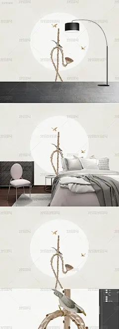 新中式手绘莲蓬墙画工笔莲藕蜻蜓花鸟壁画