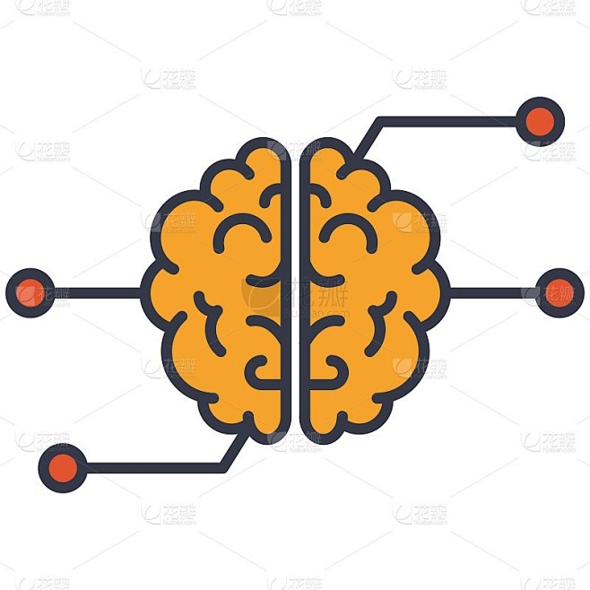 人工智能超级脑矢量图标。人脑与网络相连。