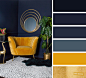 最好的客厅配色方案–海军蓝+黄芥末酱和金色配色方案