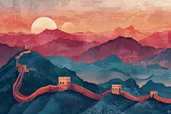 美景彩绘长城装饰画图片