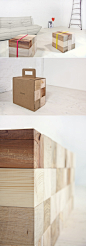 德国supergrau工作室设计的凳子，用10×10×30cm规格的各种木料自由搭配组合而成。via：http://t.cn/zOyAT7M
