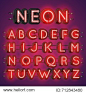 Neon alphabet typography with cases in the back, vector illustration