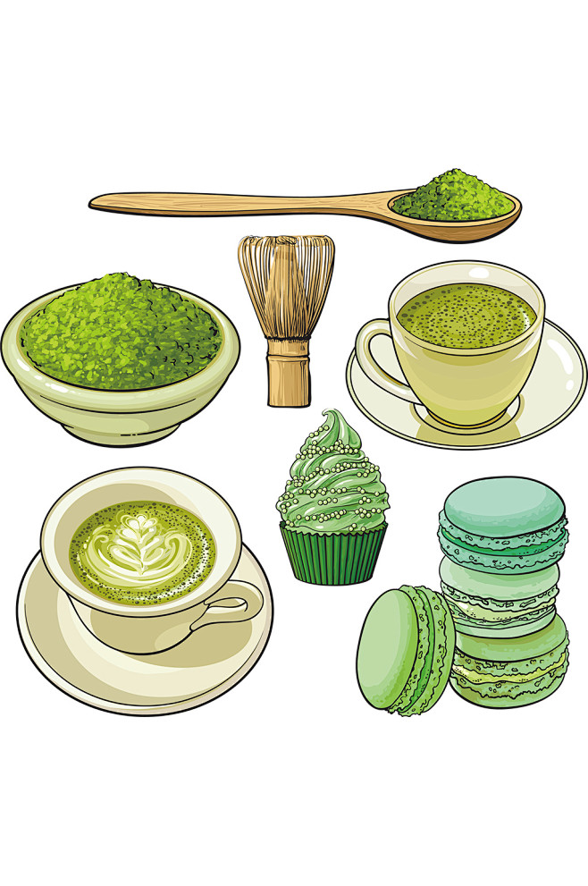 手绘插画卡通抹茶甜品食物美食素材免抠元素