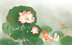 古风植物手绘国画荷花鲤鱼插画海报背景古风中国风唯美植物