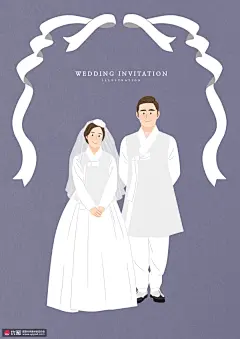 传统婚礼婚纱彩色手绘邀请婚礼情侣插画 人物插画 卡通男女
