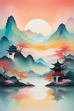 古风古韵国潮山水插画背景图