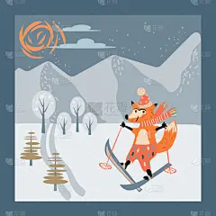 可爱的,动物,狐狸,绘画插图,平坦的,滑雪运动,矢量,山,动画片,请柬