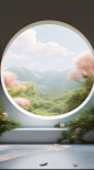 a round window that has a view, in the style of lush landscape backgrounds, rendered in cinema4d, soft and dreamy atmosphere, toyo ito, joyful celebration of nature, 32k uhd, tabletop photography