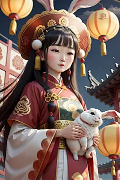 AI中秋兔子女孩手绘卡通动漫插画封面壁纸-众图网