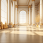 a 3d render space with pillars, columns and golden vase, in the style of light and airy, ballet academia, golden hues, light-filled interiors, light-filled scenes, award-winning, light gold and gold