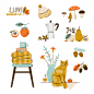 Autumn  illustration set: coffee maker, fruits, cozy plaid, falling leaves,  candles, cute cat, mushrooms. collection of fall season elements. Premium Vector