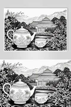 AI数字艺术复古铜版画茶园茶叶插画-众图网