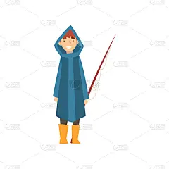 可爱的微笑男孩在雨衣与鱼竿，小渔夫卡通人物矢量插图